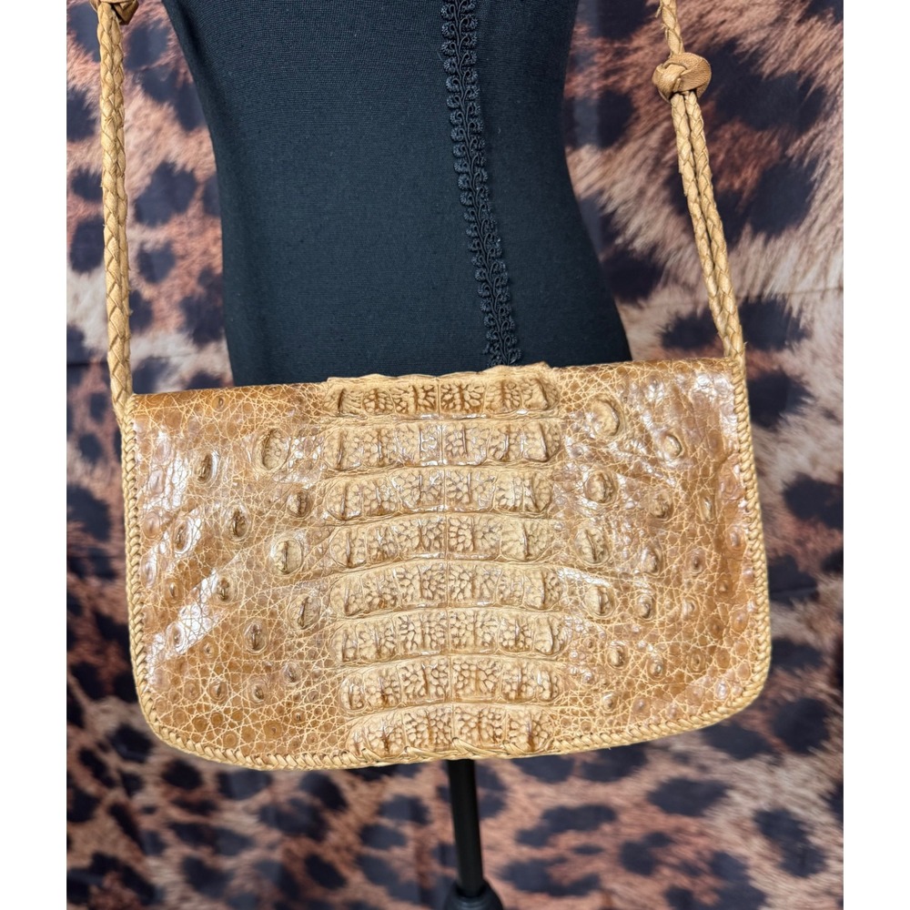 Vintage Light Tan Natural 1960's Hornback Alligator Skin Cross Body Shoulder Bag - Picture 4 of 8